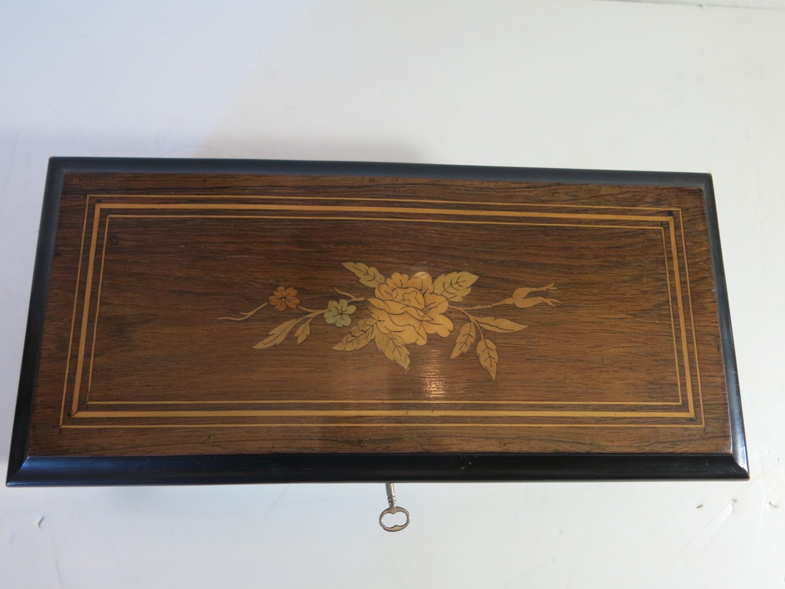 Antique Rosewood & Fruitwood Inlay Swiss Music Box Taos Estate Sales